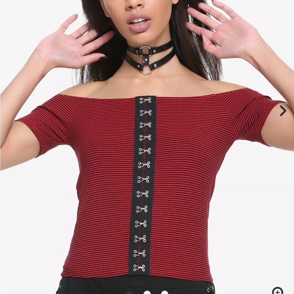 Black & Red Striped Hook & Eye Off The Shoulder top